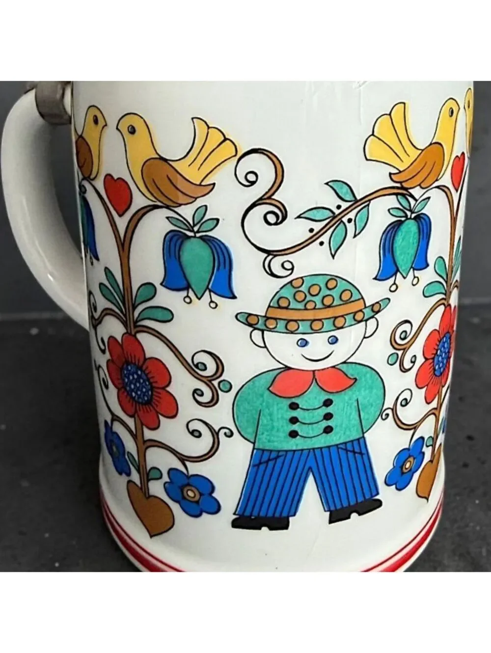 Vintage 1970s Rastal Grenzhausen German Beer Stein Pewter Lid Folk Art